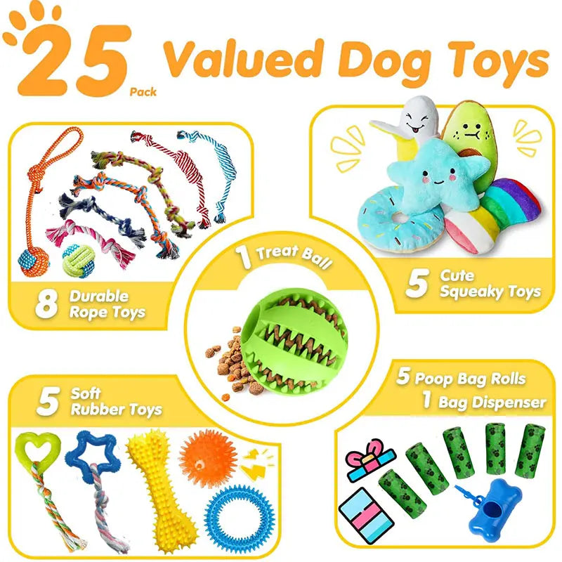 Ultimate 25 Pack Luxury Dog Chew Toys for Small Pups - Fun Ropes, Treat Balls, and Squeaky Toys for Teething Dogs
