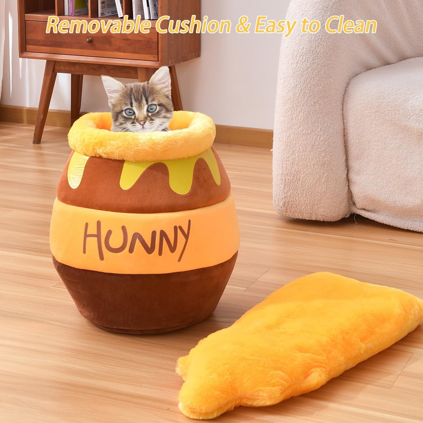 Cozy Honey Pot Cat Cave Bed - Soft, Thick Rebound Sponge Nest with Washable Cushion and Adorable Cartoon Design for Small Cats and Dogs