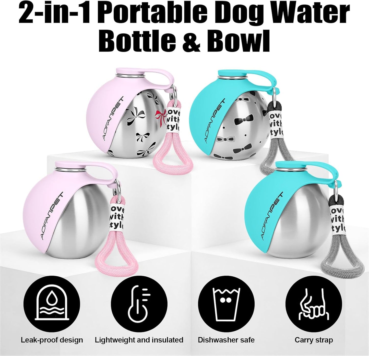 Stylish and Portable 10Oz Stainless Steel Dog Water Bottle with No-Spill Silicone Bowl – Perfect for Hiking and Travel!