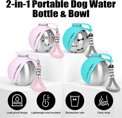 Stylish and Portable 10Oz Stainless Steel Dog Water Bottle with No-Spill Silicone Bowl – Perfect for Hiking and Travel!