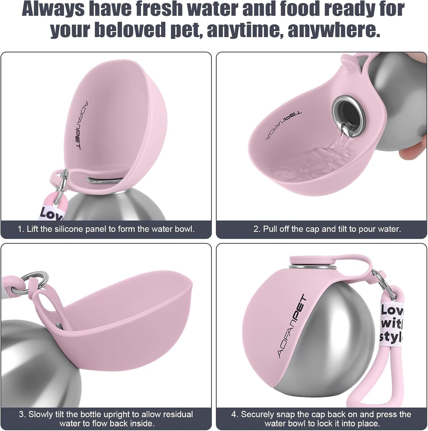 Stylish and Portable 10Oz Stainless Steel Dog Water Bottle with No-Spill Silicone Bowl – Perfect for Hiking and Travel!