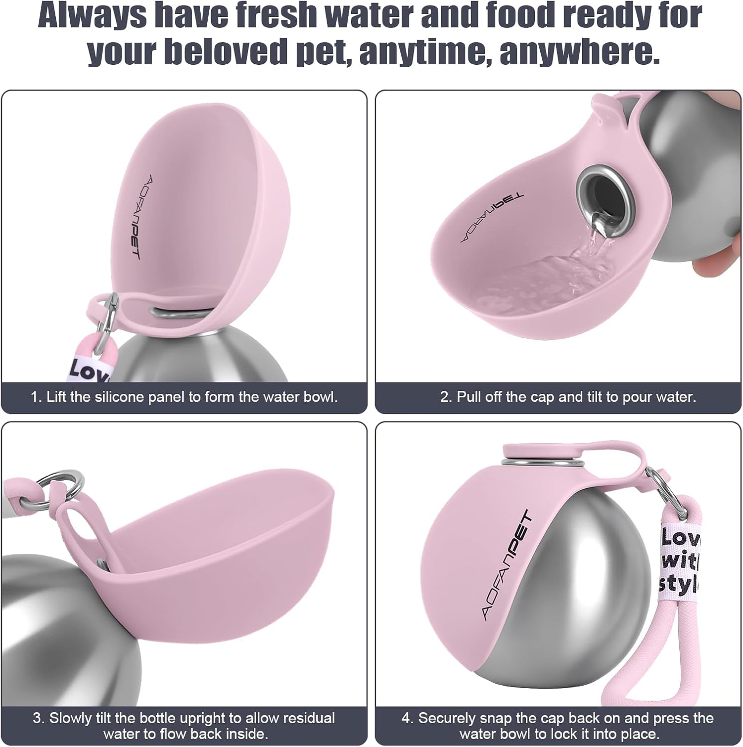 Stylish and Portable 10Oz Stainless Steel Dog Water Bottle with No-Spill Silicone Bowl – Perfect for Hiking and Travel!