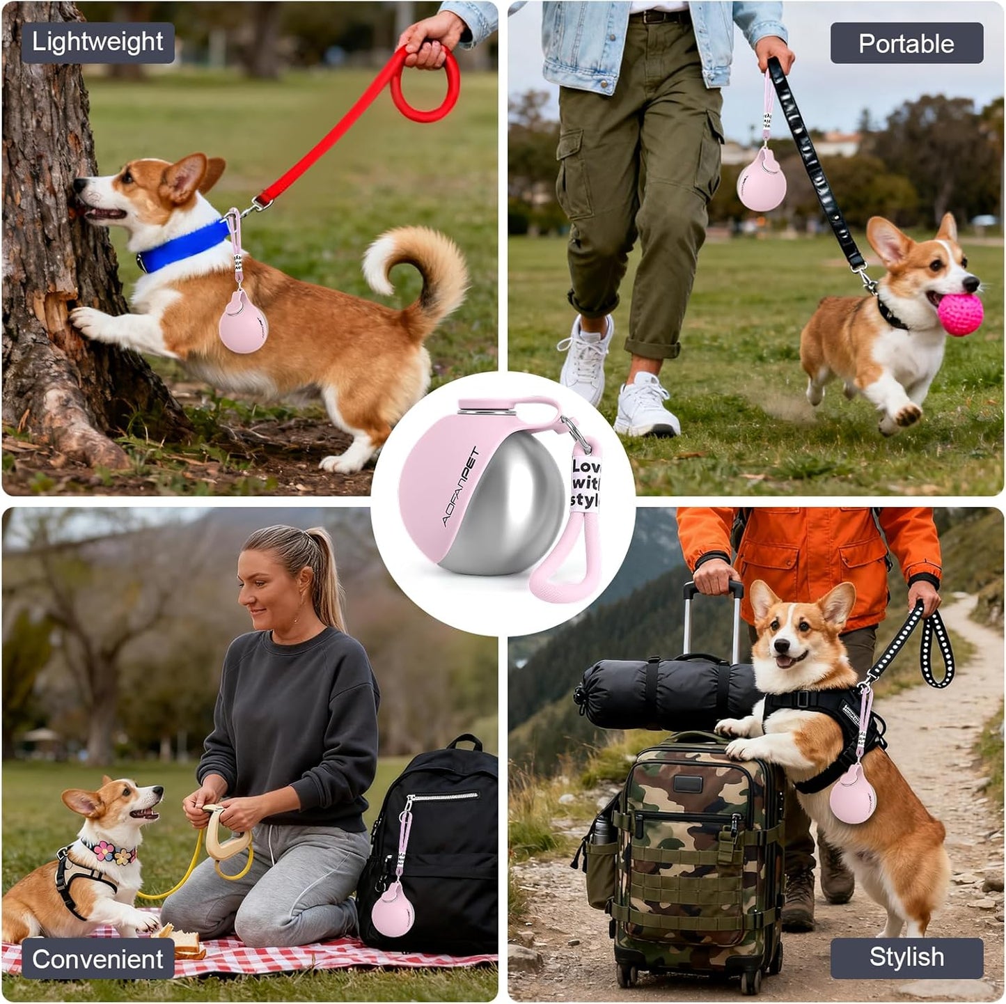 Stylish and Portable 10Oz Stainless Steel Dog Water Bottle with No-Spill Silicone Bowl – Perfect for Hiking and Travel!