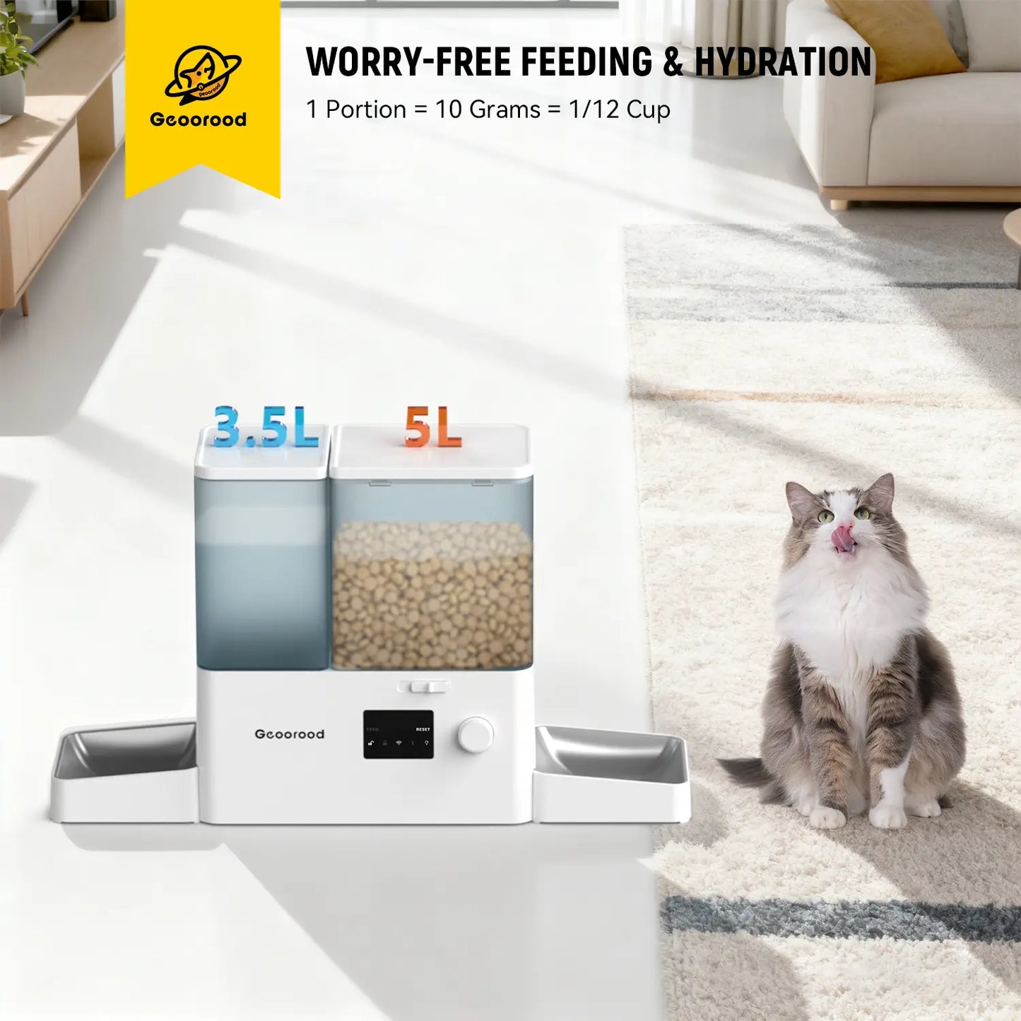 Geoorood 2-in-1 Automatic Pet Feeder & Gravity Water Dispenser - 36 Cups/8.5L Food Capacity with Stainless Steel Bowls - Perfect for Cats, Small Dogs, Puppies, and Kittens!