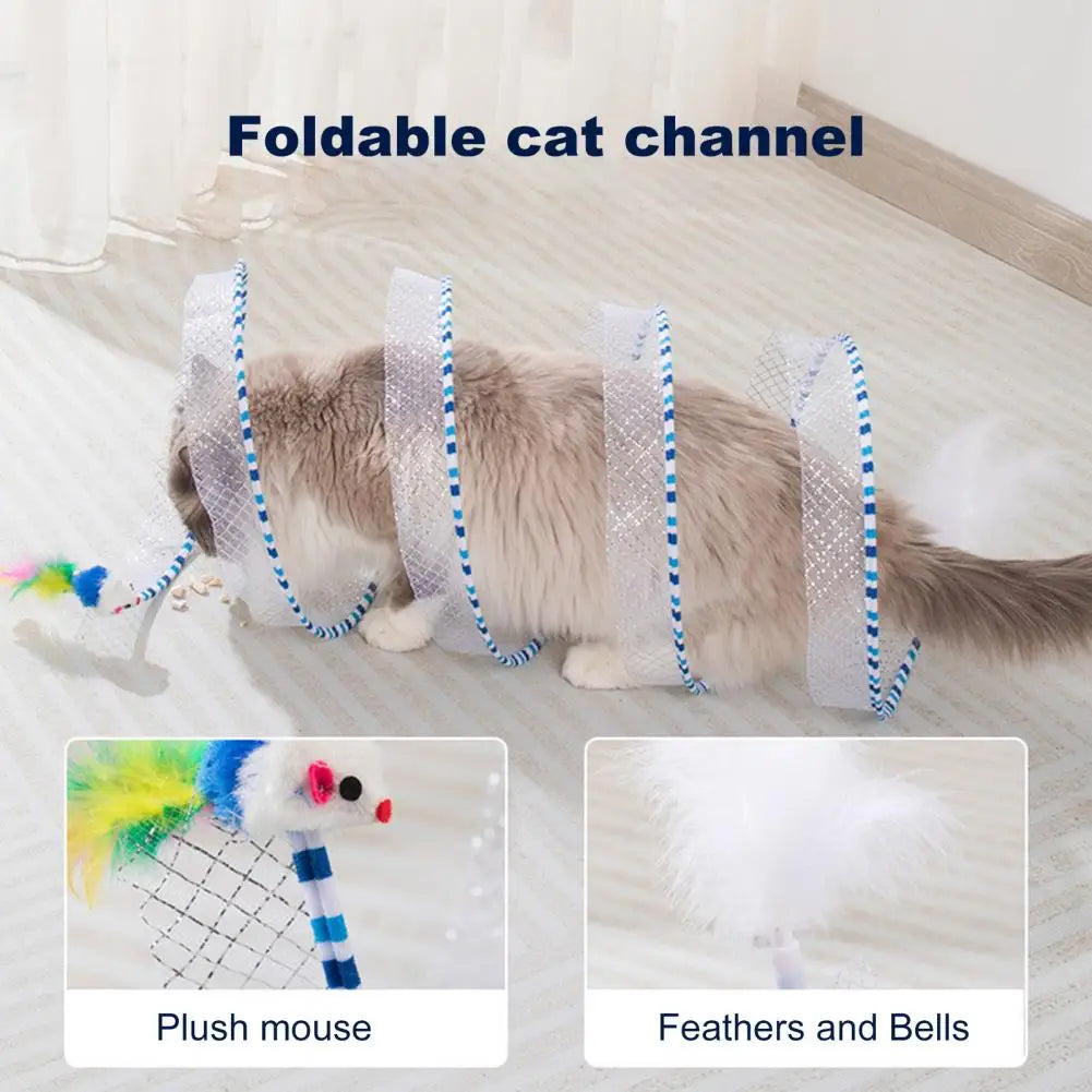 Exciting 65x30Cm Cat Tunnel Toy - Foldable Interactive Playtime with Plush & Feather Toys for Happy Kittens
