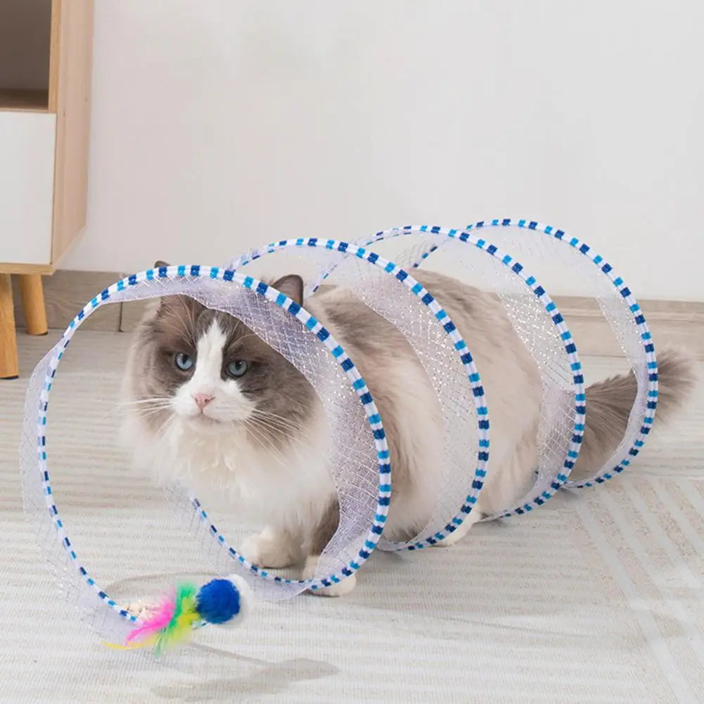 Exciting 65x30Cm Cat Tunnel Toy - Foldable Interactive Playtime with Plush & Feather Toys for Happy Kittens