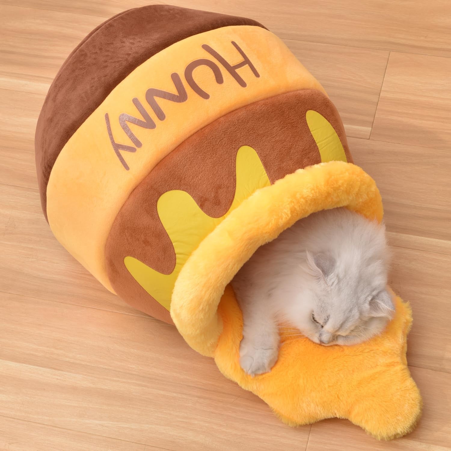 Cozy Honey Pot Cat Cave Bed - Soft, Thick Rebound Sponge Nest with Washable Cushion and Adorable Cartoon Design for Small Cats and Dogs