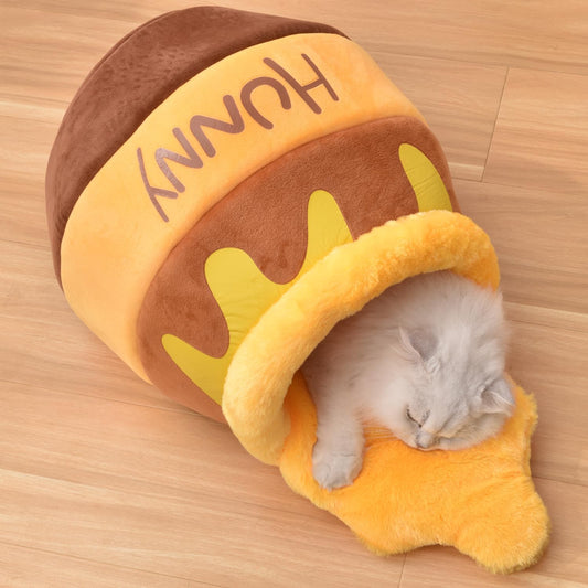 Cozy Honey Pot Cat Cave Bed - Soft, Thick Rebound Sponge Nest with Washable Cushion and Adorable Cartoon Design for Small Cats and Dogs