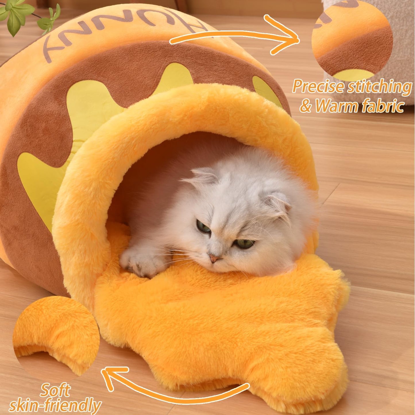 Cozy Honey Pot Cat Cave Bed - Soft, Thick Rebound Sponge Nest with Washable Cushion and Adorable Cartoon Design for Small Cats and Dogs
