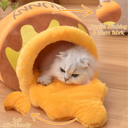 Cozy Honey Pot Cat Cave Bed - Soft, Thick Rebound Sponge Nest with Washable Cushion and Adorable Cartoon Design for Small Cats and Dogs