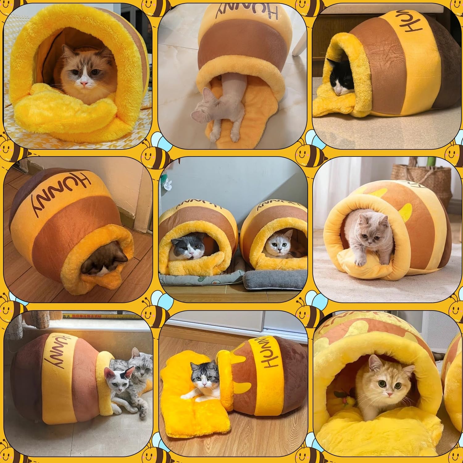 Cozy Honey Pot Cat Cave Bed - Soft, Thick Rebound Sponge Nest with Washable Cushion and Adorable Cartoon Design for Small Cats and Dogs