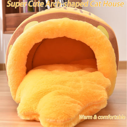Cozy Honey Pot Cat Cave Bed - Soft, Thick Rebound Sponge Nest with Washable Cushion and Adorable Cartoon Design for Small Cats and Dogs